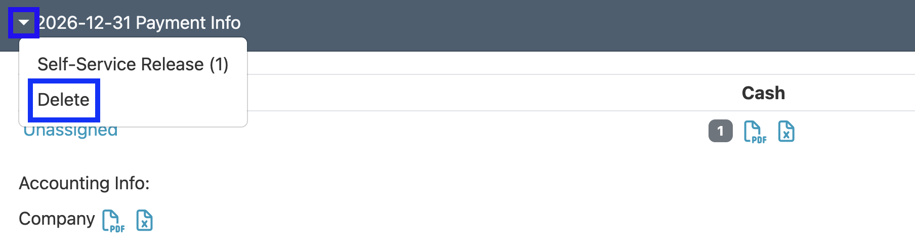 Screenshot highlighting clickable Delete option